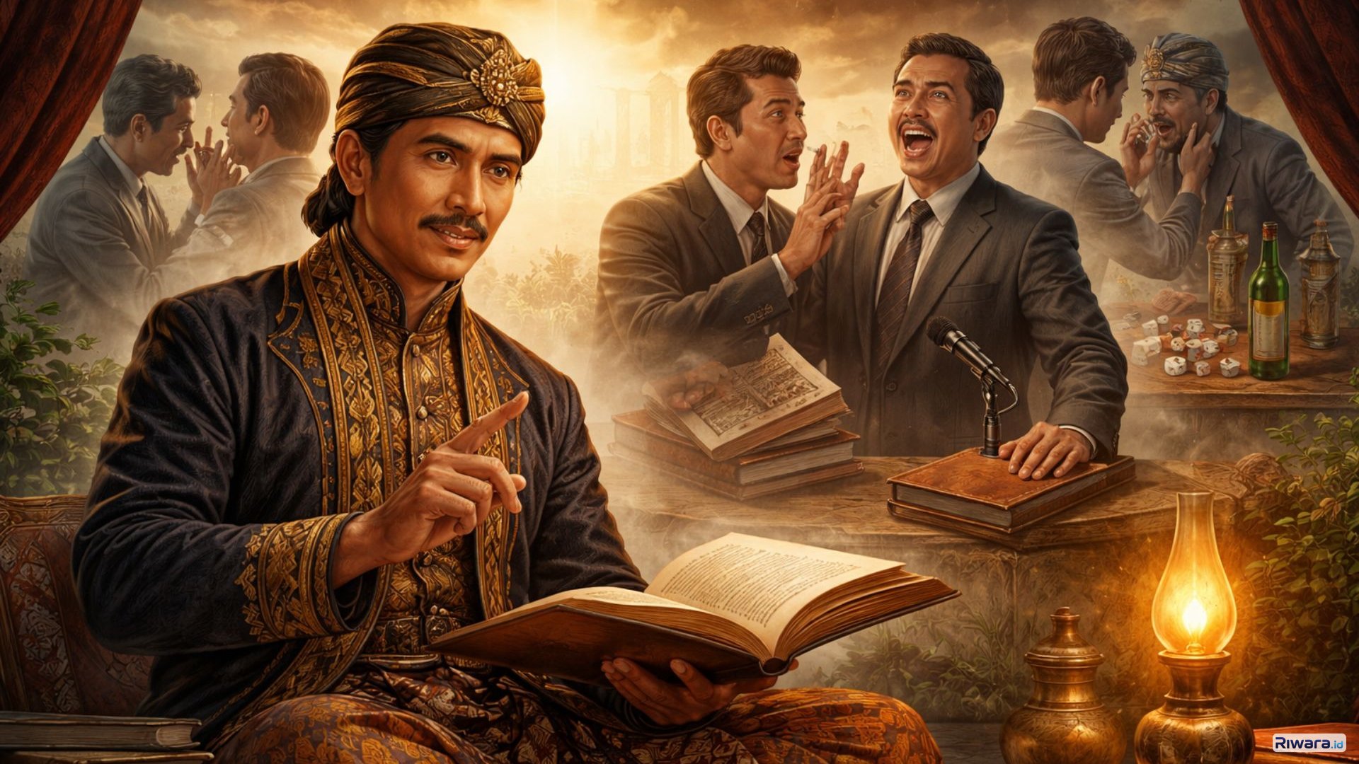 Ilustrasi Pakubuwana IV membaca Serat Wulangreh di tengah bayang-bayang dunia modern&mdash;sumpah, kepentingan, dan krisis kejujuran yang kian memudar.